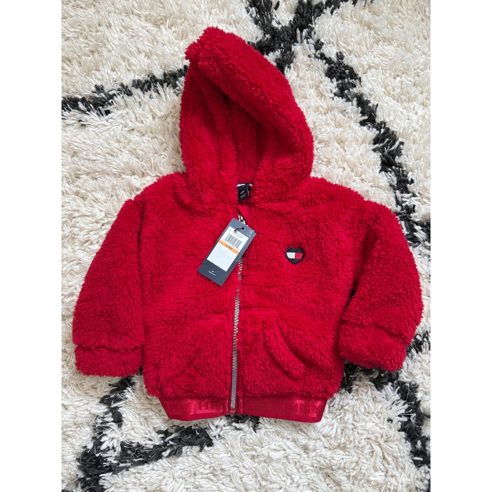 Tommy Hilfiger Infant Girls Red Faux Shearling Zip Hoodie Jacket 12M NWT